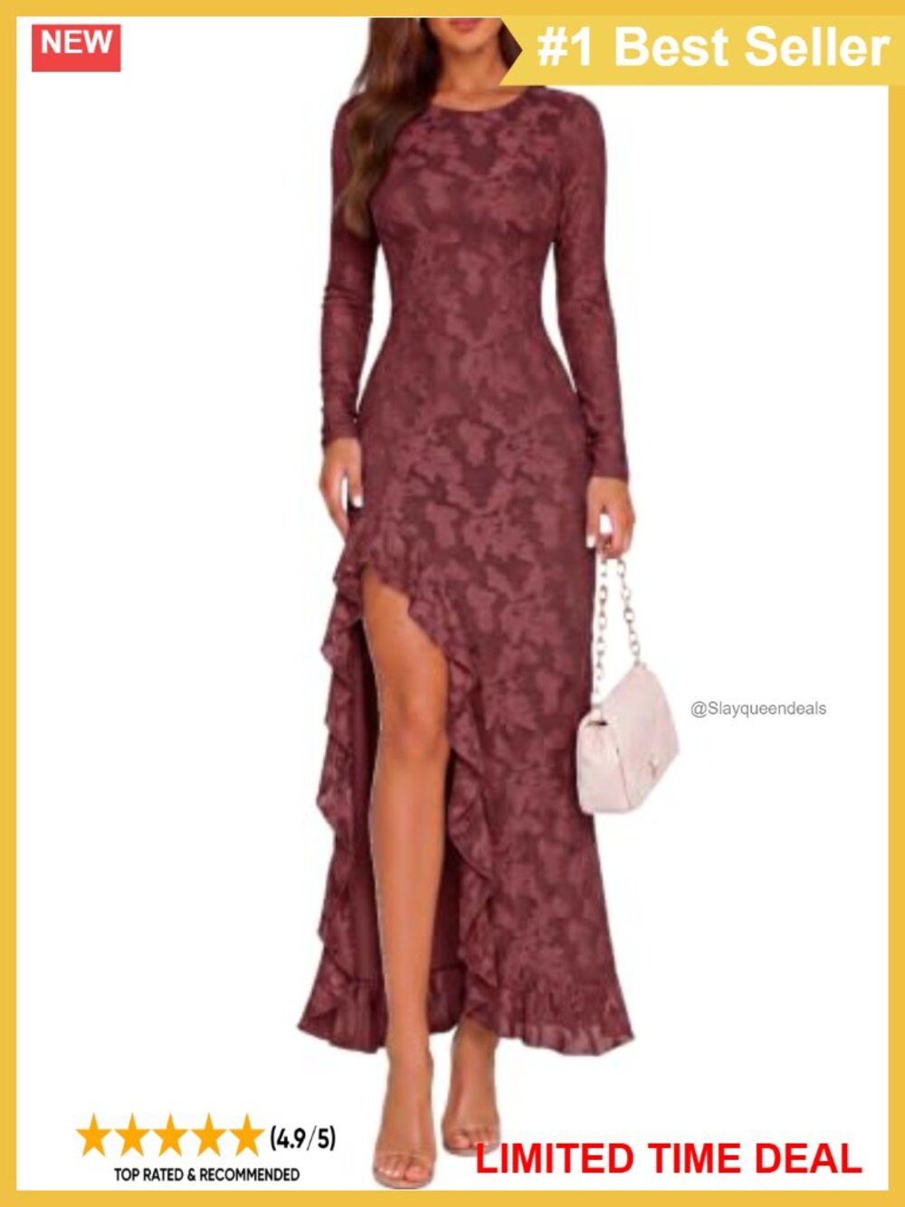 Women's Long Sleeve Bodycon Maxi Dress High Slit Mesh Formal Party